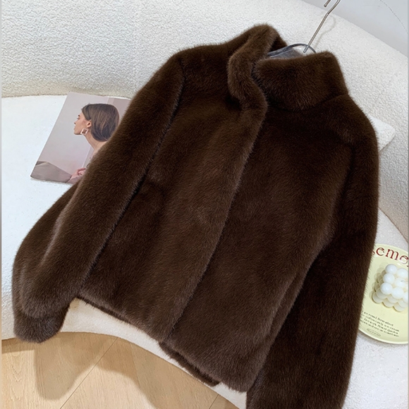 Women Faux Fur Coat, Mink Fur Integrated Short Stand Collar - Picture 6 of 13
